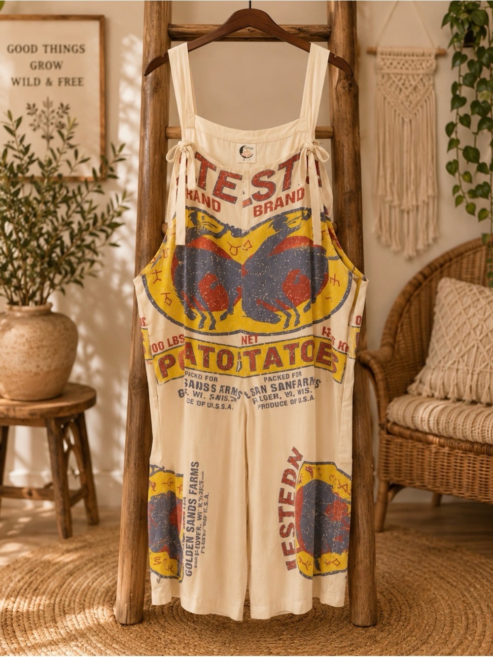 Jaded Gypsy Market Fresh Overalls Potato Bag Print Beige S/M